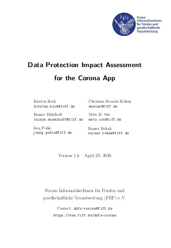 PDF of the Data Protection Impact Assessment (DPIA) for the Corona App - Coverpic