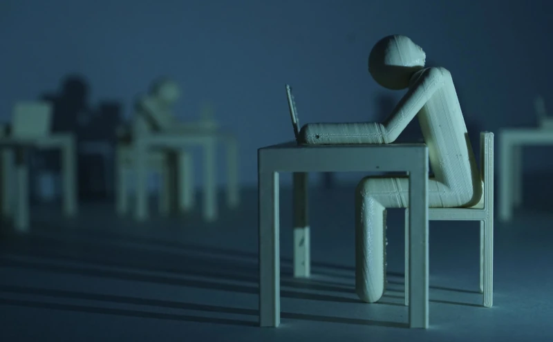 Eine Plastikfigur, die einem Menschen ähnelt, sitzt in einem dunklen Raum auf einem Tisch vor einem Laptop. Lange Schatten verbreiten eine düstere Stimmung.