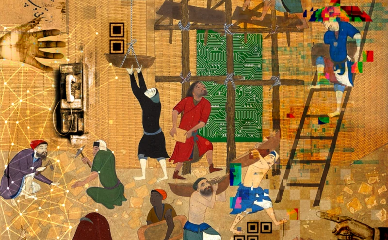 Eine detaillierte digitale Collage, inspiriert von der Ästhetik mittelalterlicher Manuskriptillustrationen, zeigt eine lebhafte Szene von Bauarbeitern, die ein Gebäude errichten. Traditionelle Elemente wie Figuren in traditionellen persischen Gewändern, Holzleitern, Seile und gewebte Säcke sind mit modernen technologischen Motiven wie Leiterplatten und QR-Codes verwoben. Helle, leuchtende, goldene Netzwerke aus miteinander verbundenen Knotenpunkten und Symbolen der digitalen Technologie überlagern die Szene und verschmelzen Vergangenheit und Gegenwart. Die Komposition verwendet kontrastierende Texturen und Farben, um die Themen und Epochen gegenüberzustellen und miteinander zu verweben.