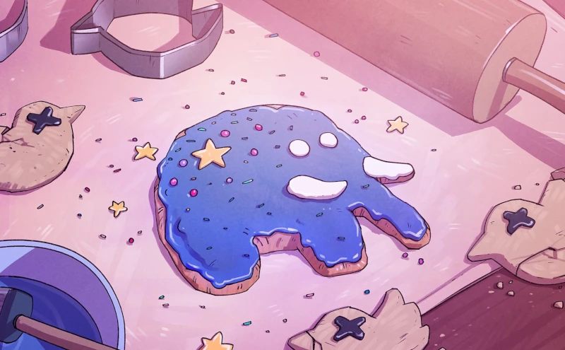 Auf einem Küchentisch sind aus Teig ausgestochene Plätzchen zu sehen. Am Rand in Form von toten blauen Vögeln, in der Mitte ein 