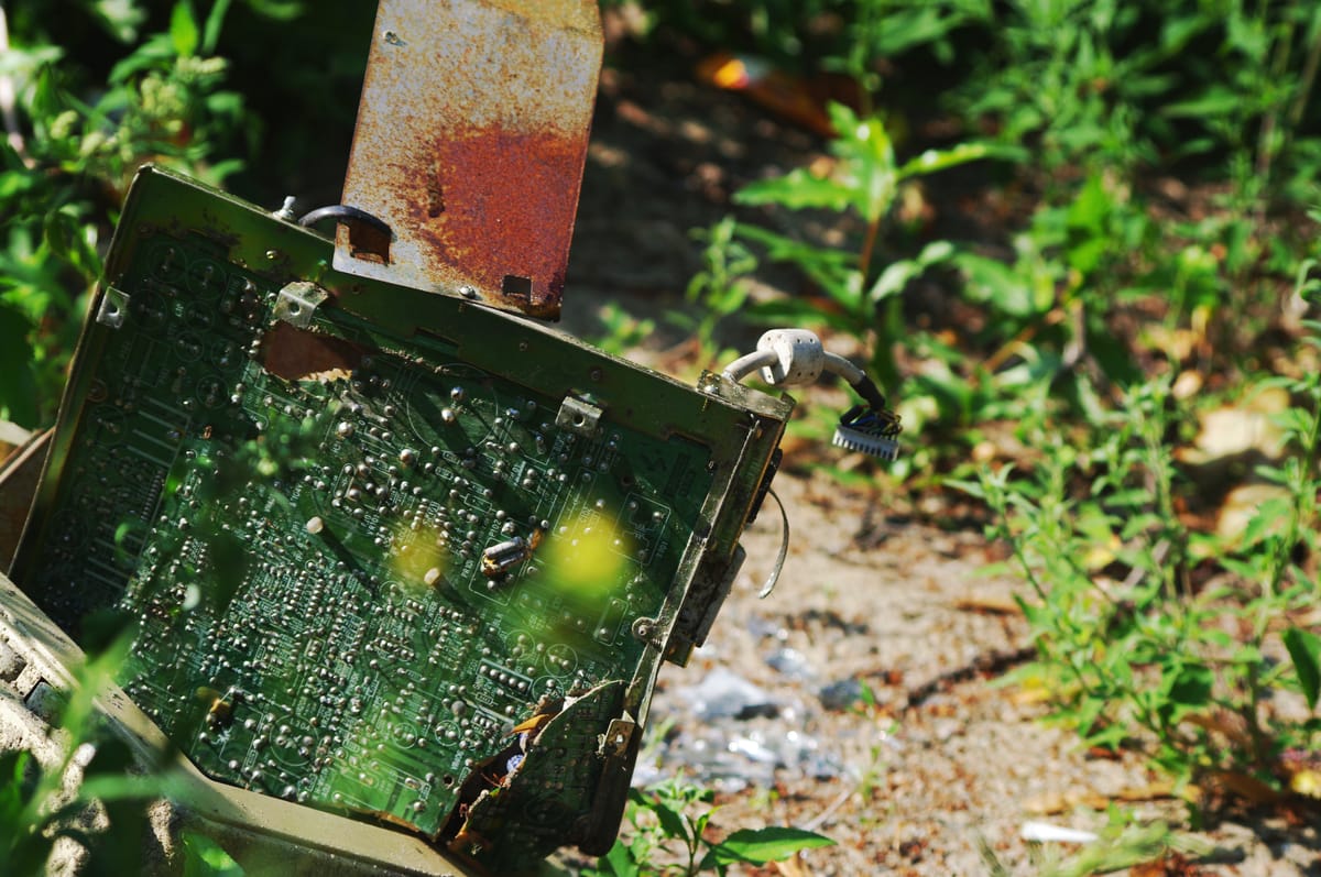 Mitten zwischen kleinen grünen Pflänzchen im Sonnenlicht lehnt eine schrottige grüne Lötplatine an einem rostigen Pfahl.