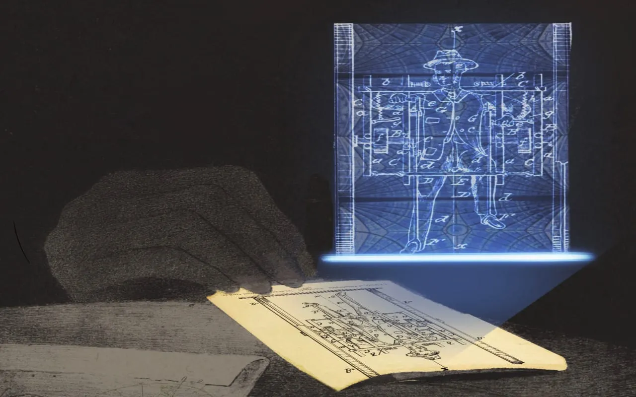 Eine anonyme Figur untersucht handschriftliche Notizen, die mit einer blauen Lichtprojektion überlagert sind, die einer Virtual-Reality-Schnittstelle ähnelt. Die Projektion erweckt die Notizen zum Leben und hebt Details hervor, wie beispielsweise einen Verweis auf die kunstvolle Decke der King's College Chapel und ein Diagramm eines Mannes, der von einer Reihe von Zahlen umgeben ist, wodurch historische Bilder mit futuristischer Technologie verschmelzen.