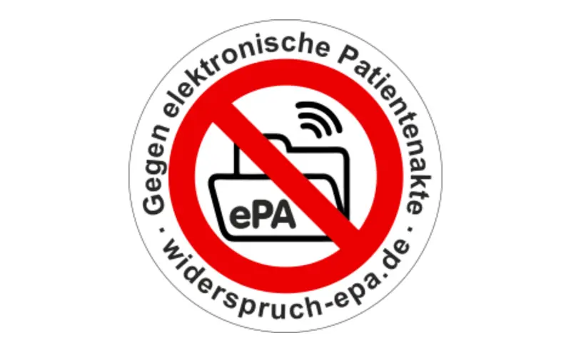 Ein rot durchgestrichenes Dateiordner Symbol beschriftet mit ePA mit angedeuteten Funkwellen. Darüber "Gegen elektronische Patientenakte" Darunter die URL "widerspruch-epa.de"