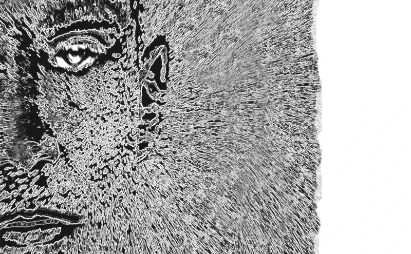 Abstraktes Schwarz-Weiß-Bild einer menschlichen Gesichtshälfte, die in einem stilisierten, konturlinienartigen Muster dargestellt ist. Die linke Bildhälfte zeigt deutlich ein Auge, eine Nase und einen Mund, während die rechte Bildhälfte in dynamische, strahlenförmig verlaufende Linien aufgelöst ist, die vom Gesicht wegführen. Der Hintergrund ist weiß, was den Kontrast zur texturierten Gesichtsdarstellung verstärkt.