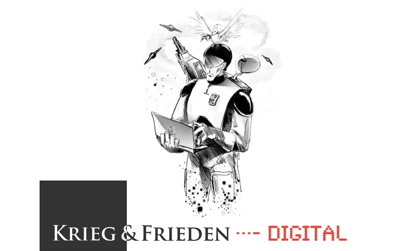 Eine Strichzeichnung eines grimmig dreinblickenden Soldaten der Zukunft in futuristischem Kampfanzug mit Laptop, Drohnen fliegen im Hintergrund und einer Weißen Taube sitzt auf dem Kopf des Soldaten. Auf dem Laptop ist ein Peace-Zeichen zu sehen.
