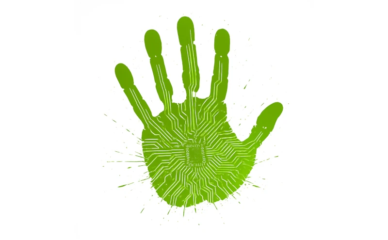 Der farbige grüne Abdruck einer Hand die durchzogen ist mit Leiterbahnen.