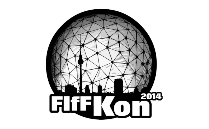Die Silhouette von Berlin vor einem Überdimensionalen Radom. Darunter steht FIfFKon 2014.
