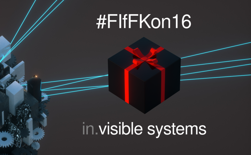 Im Hintergrund ein Haufen Zahnräder und graue Blocke von denen Laserstrahlen ausgehen - eine Art Maschinenungetüm. Im Vordergrund ein schwarzglänzendes Geschenk mit roterm Band und Schleife. Darüber der Titel "#FIfFKon16". Darunter "in.visible systems" wobei das "in" und der punkt deutlich dunkler sind als der rest der Schrift.