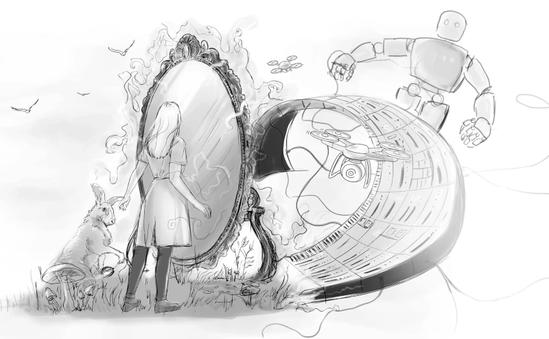 Illustration einer Szene im Stil von ‚Alice im Wunderland‘: Ein Mädchen steht mit einem Kaninchen vor einem großen, ornamentierten Spiegel, der von Rauchschwaden umgeben ist. Im Spiegel erscheint eine futuristische Welt mit einem großen Roboter, einer Drohne und einer gewölbten technischen Struktur, die an ein digitales Interface erinnert.