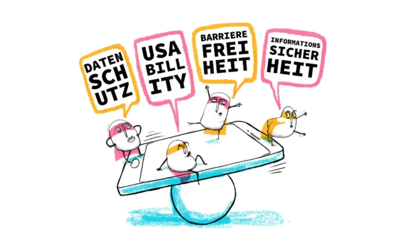 Drollige kleine weiße Figuren in Superheldencapes, versuchen auf einem schwankenden Smartphone das Gleichgewicht zu halten. In knalligen Farben stehen in Sprechblasen zu den Figuren die Begriffe Datenschutz, Usability, Barrierefreiheit und Informationssicherheit.