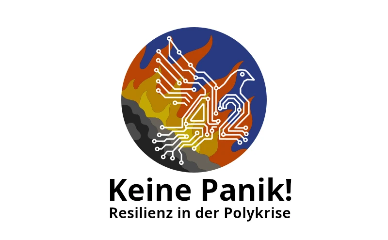 Aus lodernden Flammen entsteigt eine Taube geformt aus Leiterbahnen deren Körper eine 42 formt.