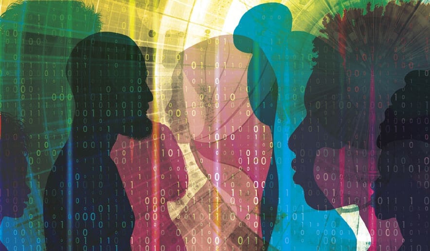 Digitale Kunst mit bunten, überlappenden Silhouetten von diversen Menschen in verschiedenen Farben. Über das Bild legt sich ein Muster aus Binärcode (0 und 1), das eine Verbindung zwischen Mensch und digitaler Welt symbolisiert.