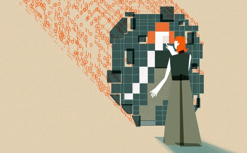 Das Bild zeigt eine Person mit orangefarbenen Haaren, die mit einer großen, abstrakten digitalen Spiegelstruktur interagiert. Die Struktur besteht aus Quadraten in verschiedenen Grün-, Orange-, Weiß- und Schwarztönen, die so zusammengesetzt sind, dass sie die Figur der Person widerspiegeln. Die Hand der Figur ist ausgestreckt, als würde sie auf die Spiegelstruktur zeigen oder mit ihr interagieren. Hinter der Struktur befinden sich orangefarbene Ströme aus Binärcode (Nullen und Einsen), die in Richtung des digitalen Gitters fließen.