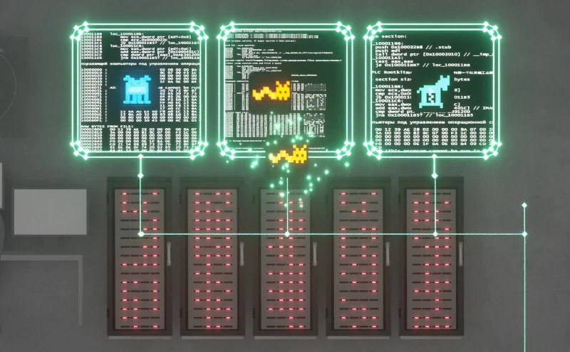 Die Grafik zeigt eine stilisierte Darstellung eines Rechenzentrums mit mehreren Serverschränken. Darüber schweben drei grün umrahmte Bildschirme, die wie digitale Terminals aussehen. Auf jedem Bildschirm ist ASCII-artiger Code zu sehen. Auf den Bildschirmen sind Pixel-Figuren zu sehen wie Trojaners, Exploits, Viren. Grüne Linien verbinden die Bildschirme mit den Servern darunter, was eine technische Infrastruktur oder Datenfluss andeutet.