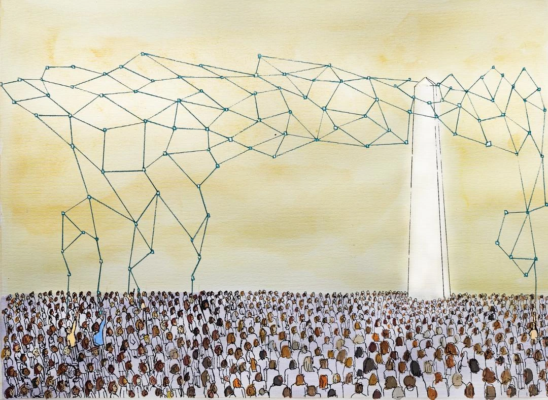 Ein neuronales Netz kommt aus der Spitze eines Elfenbeinturms, über den Köpfen einer Menge von Menschen. Einige von ihnen greifen nach oben, um zu versuchen, die Kontrolle zu übernehmen und das Netz zu sich herunterzuziehen. Aquarellierte Illustration.