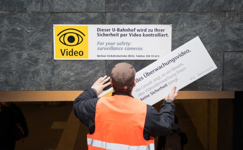Eine Person überklebt ein Hinweisschild der BVG zur Videoüberwachung. Der Orginaltext "Dieser Bahnhof wird zu ihrer Sicherheit per Video kontrolliert" wird Überklebt mit "Jedes Überwachungsvideo, das Gewalt zeigt, ist ein Beweis, dass Videoüberwachung ihnen keine Sicherheit gibt."