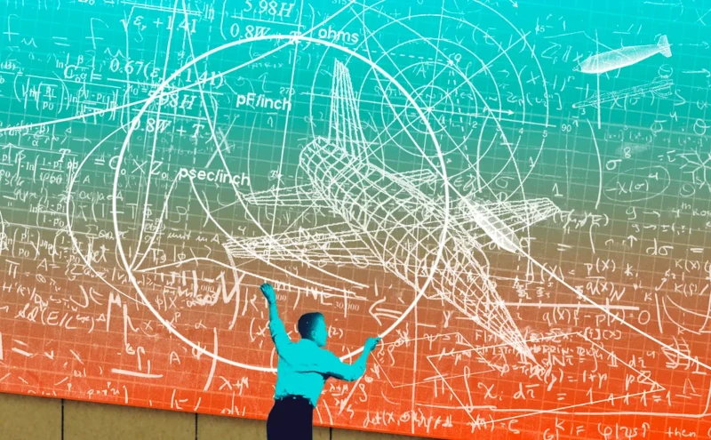 Die Illustration zeigt einen Studenten in weißem Hemd der vor einer riesigen rot-cyanen Tafel steht. Auf der Tafel sind unzählige Formeln, Zeichen und geometrische Skizzen. Der Student ist sehr involviert in die Skizzen und zeigt mit beiden Armen auf Elemente. Deutlich im Fokus des Studenten setzt sich das Drahtgittermodell eines Militärflugzeuges mit Bomben ab.
