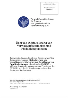 FIfF-Sachverständigenauskunft zur Digitalisierung von Verwaltungsverfahren bei Familienleistungen – Cover