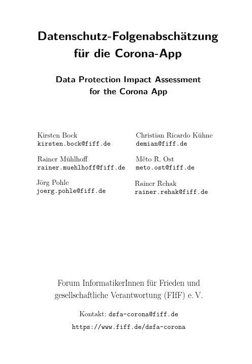 Datenschutz-Folgenabschätzung (DSFA) für die Corona-App - Deckblatt