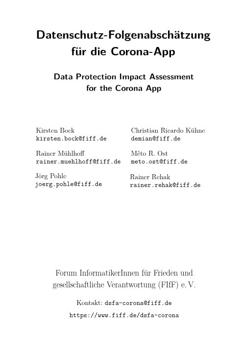 Datenschutz-Folgenabschätzung (DSFA) für die Corona-App - Deckblatt
